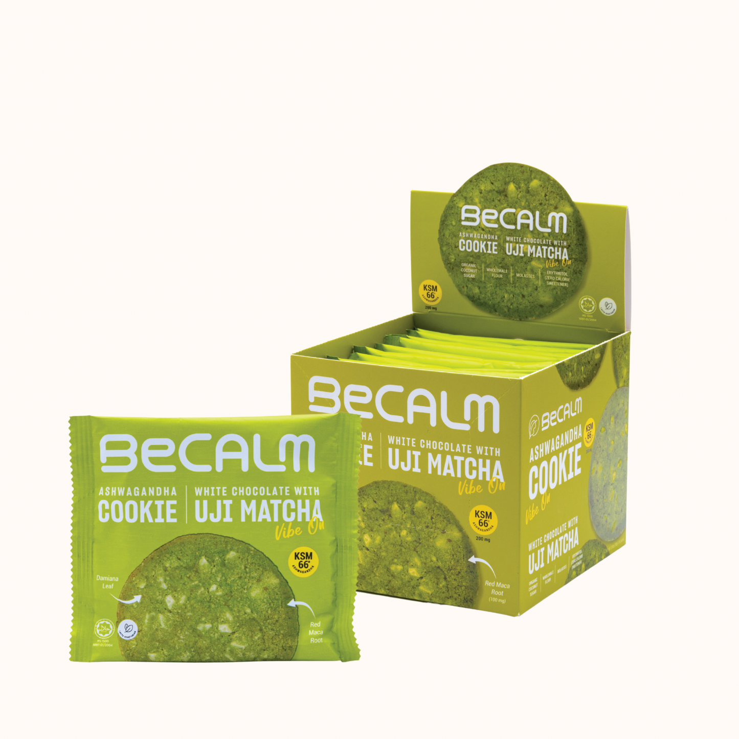 Becalm Ashwagandha Cookie - White Chocolate with Uji Matcha - Vibe On, 10.58 oz (300 gm)